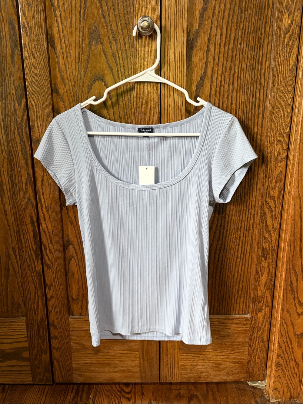 Splendid Light Blue Ribbed Scoop Neck Short Sleeve Top